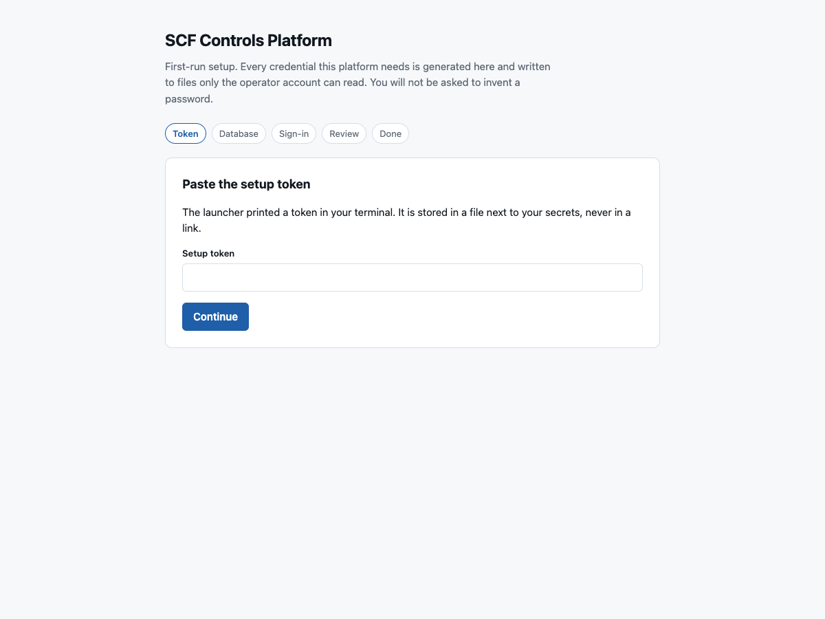 The wizard's first screen: a single field asking for the setup token