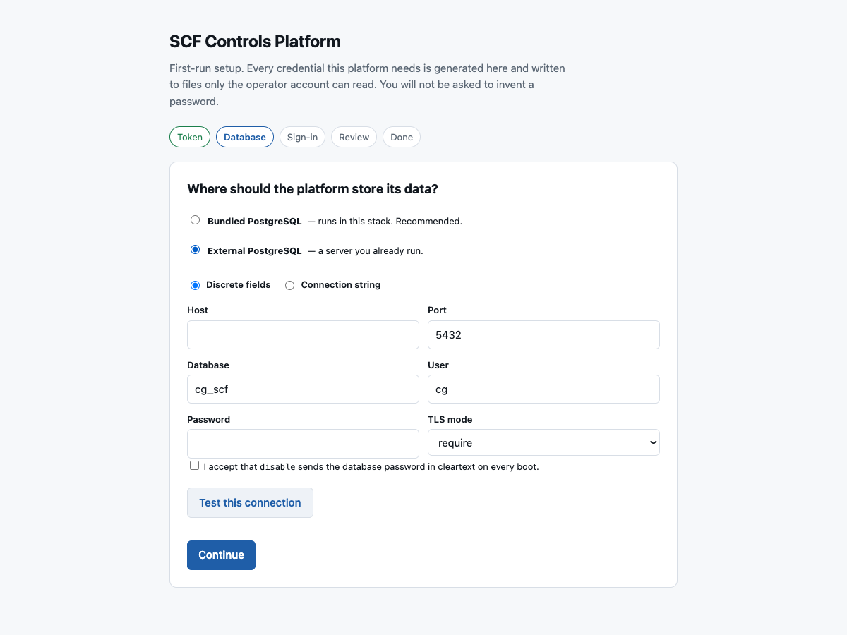 External PostgreSQL selected, showing the discrete-field form
