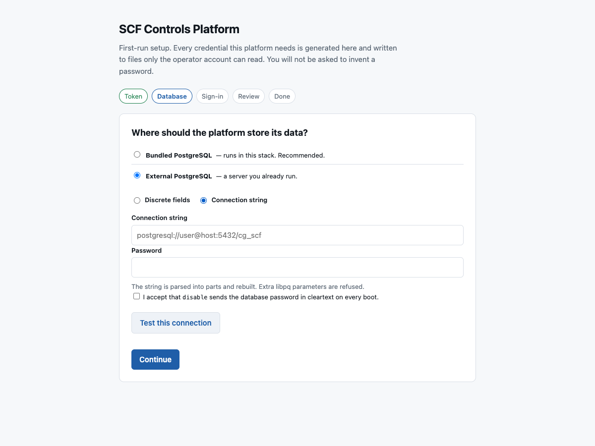 The Connection string form: one field for the string and a separate password field