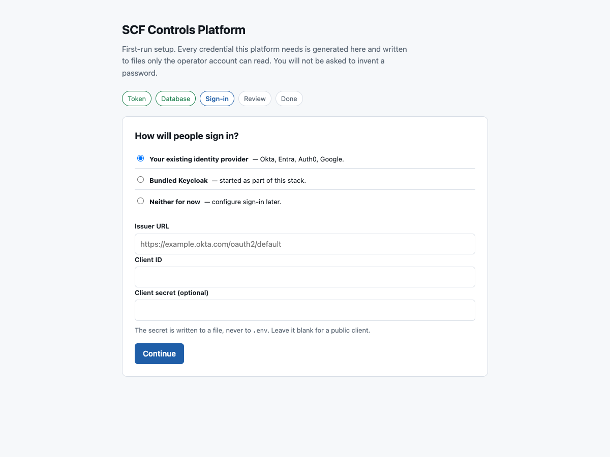 Sign-in step with the external identity provider form showing