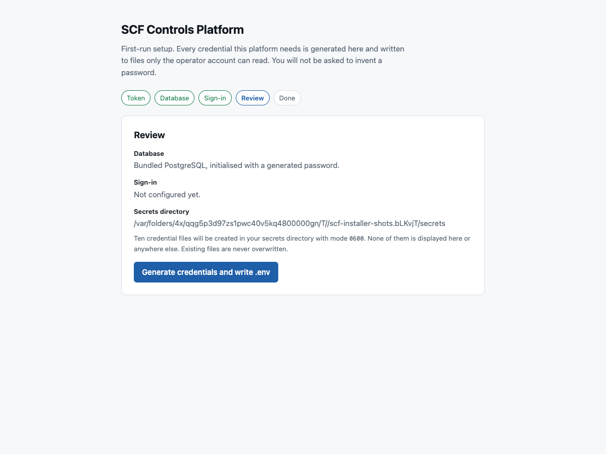 Review step summarising the database and sign-in choices and the secrets directory